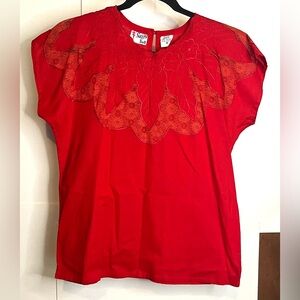 Sassy Doll (VTG M) Red Cotton Sleeveless Top w/ Lace & Embroidered Details